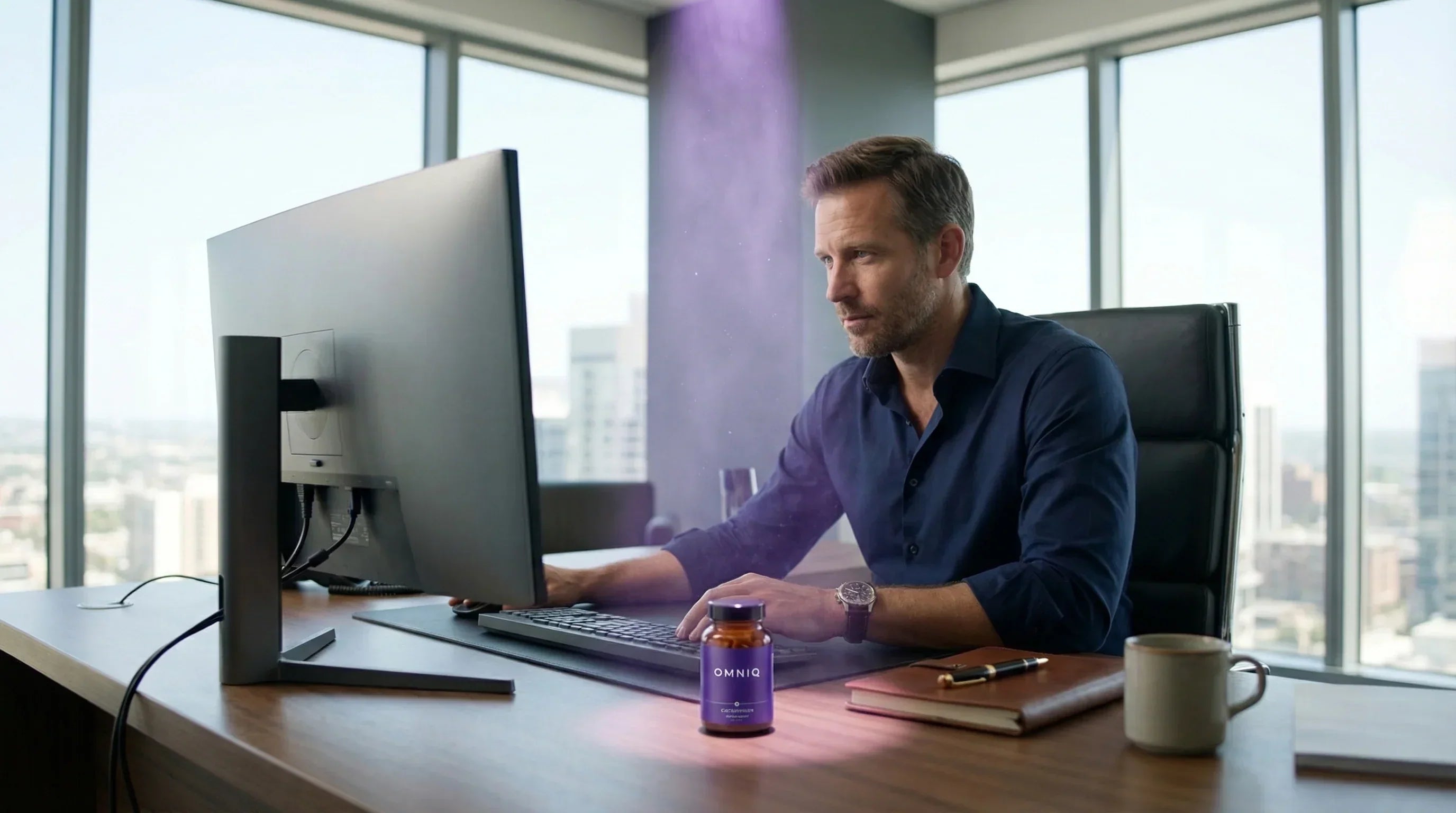 Manažer u stolu s doplňky stravy OMNIQ Business Focus System pro vyšší výkon a soustředění